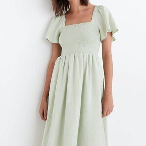 Madewell Linen-Blend Lucie Smocked Midi Dress size medium color sunfaded mint